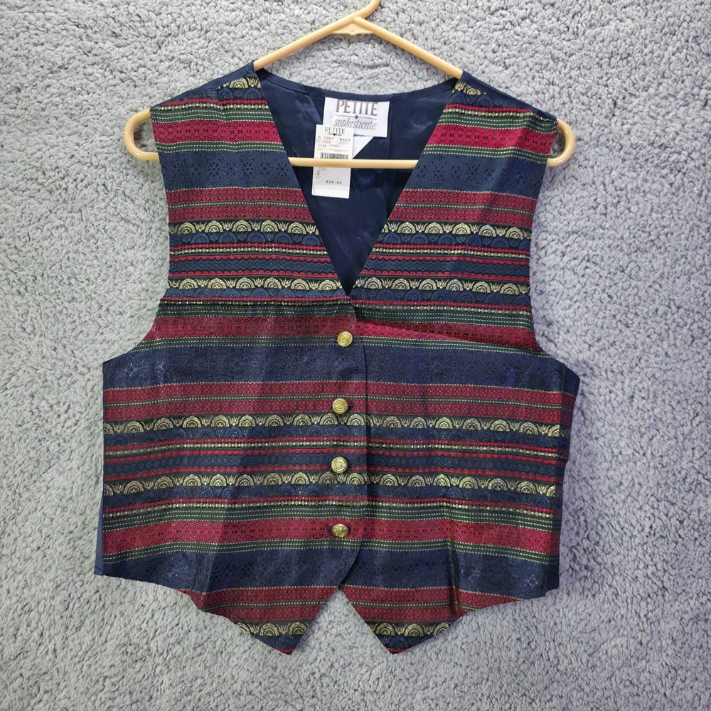Petite Sophisticate Vintage Brocade Vest Navy Burgundy Gold Metallic Small NWT